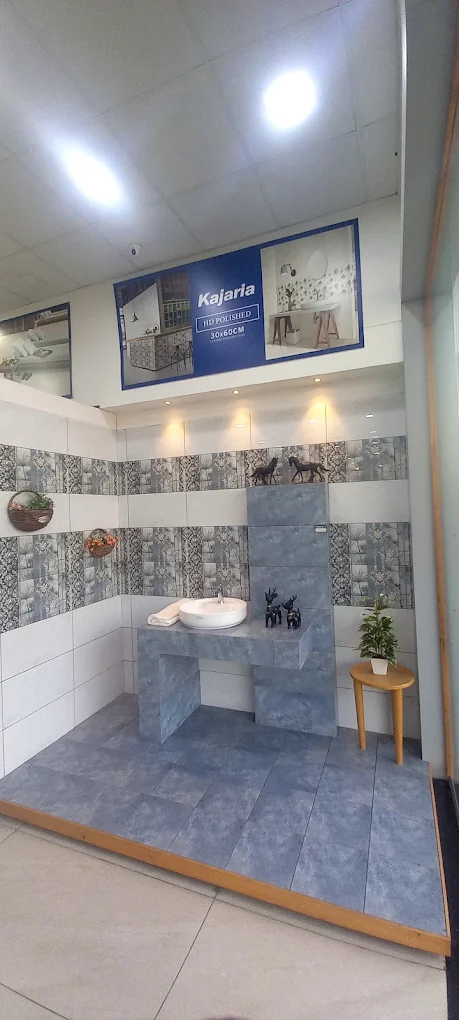 Polished 30x60 wall tile display with basin counter