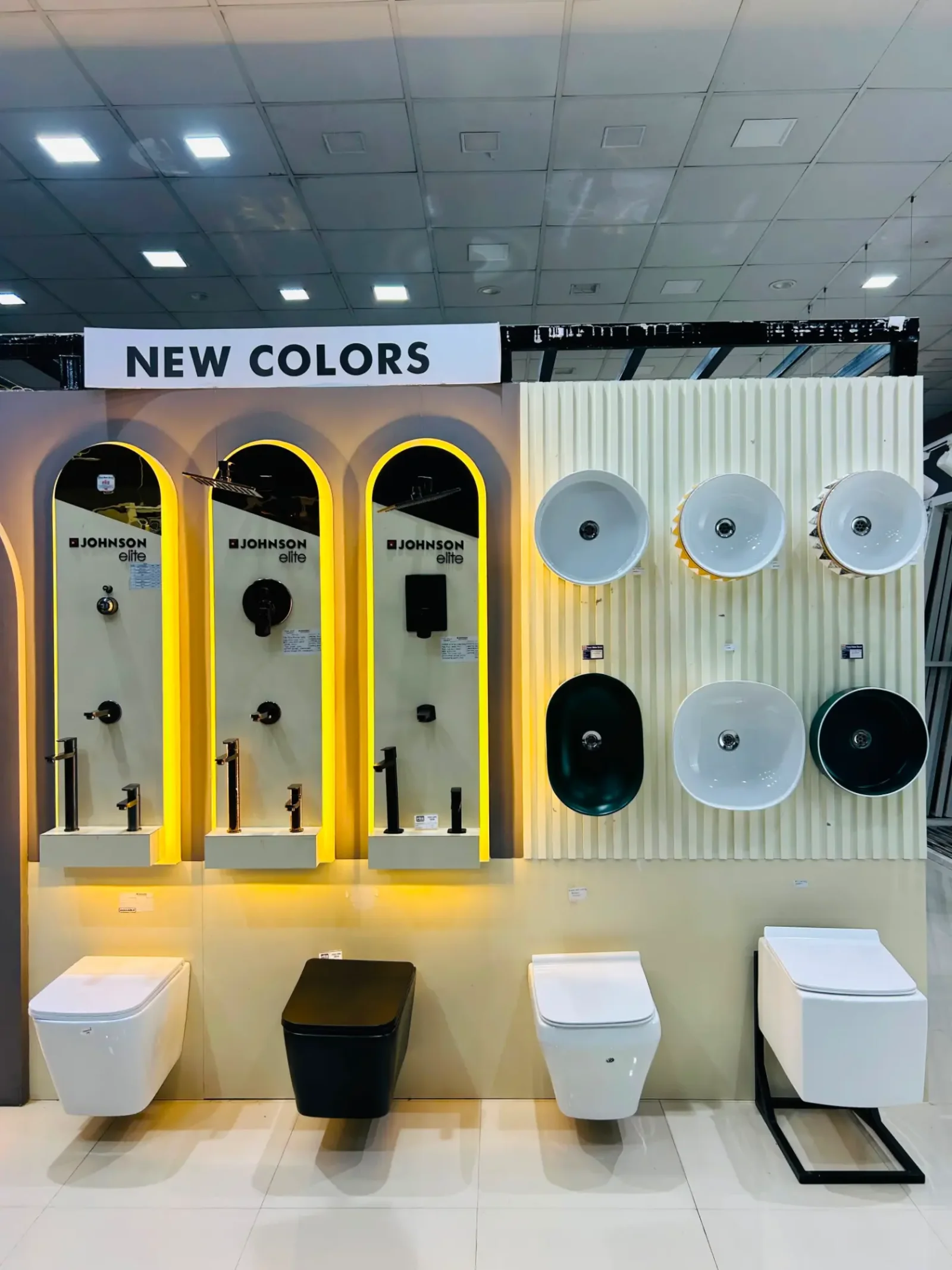 Johnson Elite basins and water closets display with New Colors range in the showroom