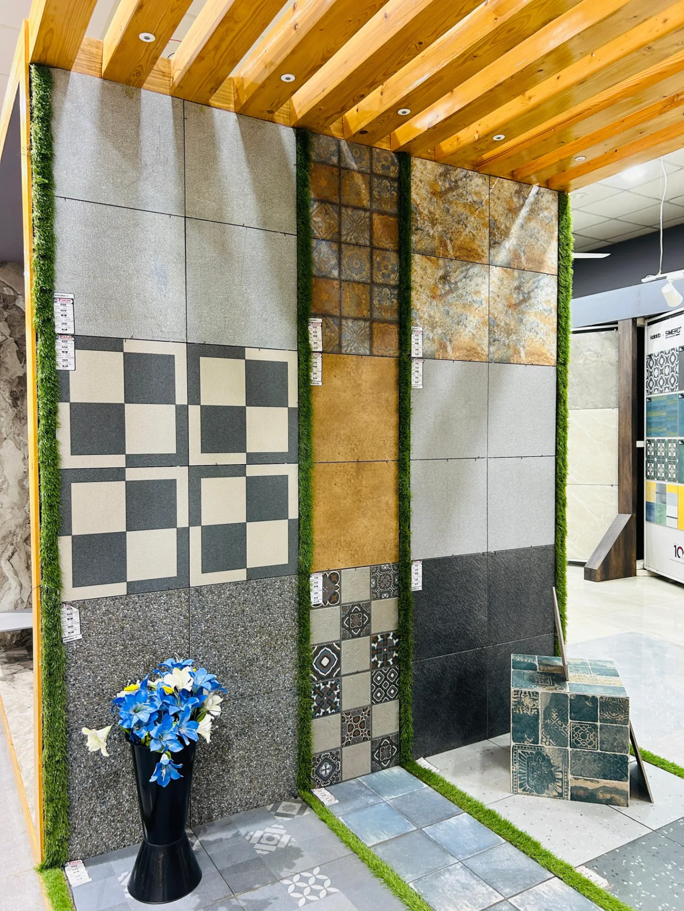 Wall tile display corner with checker, Moroccan and stone-finish tile panels